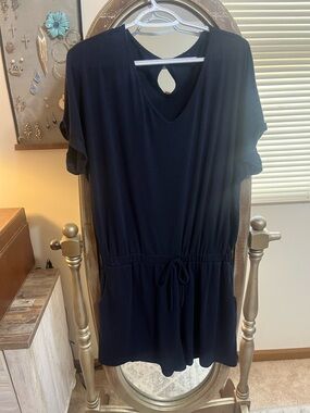 Navy Short Sleeve Drawstring Waist Romper